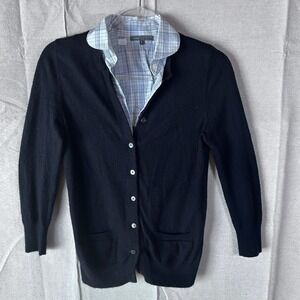 Vince Cashmere 2-in-1 Layered Cardigan Plaid Collar Sweater Black Blue Small